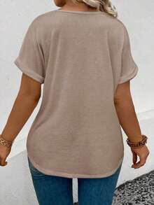 Selamara Camiseta casual versátil de talla grande con diseño de encaje y parches, nueva llegada para primavera/verano para mujeres - Caqui - Ver 2