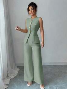 Conjunto de 2 piezas elegante estilo francés con botón con diseño de flor para tiempo libre/commuter para mujer - Verde 3 - Ver 5