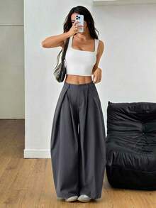 Pantalones anchos de verano con dobladillo curvo verde, estilo vintage, casual y para salir - Gris Oscuro - Ver 1