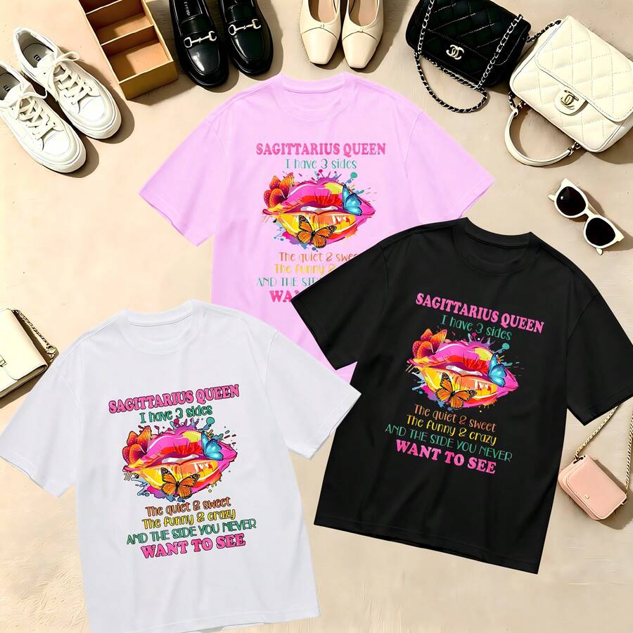 Choose One Of The Three Sets Women's T-Shirt Sagittarius Queen Zodiac Astrology 100% Cotton Oversized Soft Breathable Casual Crewneck Short Sleeve Top Retro Streetwear Summer Vibes - 黑色 - 查看 1