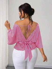 Vestido tipo camisa sin mangas a rayas azul de talla grande, cintura entallada, versátil y elegante - Rosa Fucsia - Ver 2