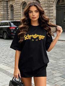 Women's Soft And Casual Short-Sleeved T-Shirt With A Round Neck, Featuring A Graphic Print Of Schrödinger's Cat, Suitable For Spring And Summer. Black. - 黑色 - 查看 2