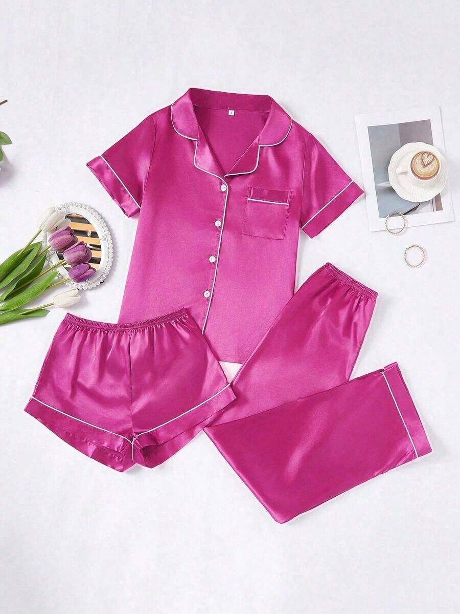 Conjunto de pijama de 3 piezas para mujer con cuello de seda falsa de unicolor y ribete contrastante - Rosa Fucsia - Ver 1