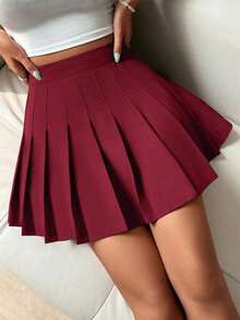 Falda pantalón casual de talle alto con pliegues y rayas para mujer - Burdeos - Ver 5