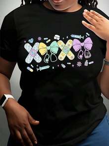 Women's Cotton T-Shirts With A Cute Medical-Themed Design, Featuring Colorful Bandages, A Stethoscope, And A Bow Tie, Perfect For Nurses, Doctors, And Healthcare Workers. A Great Gift For National Nurses Day Or Any Medical Professional. Women's Basic Tops. - 黑色 - 查看 2