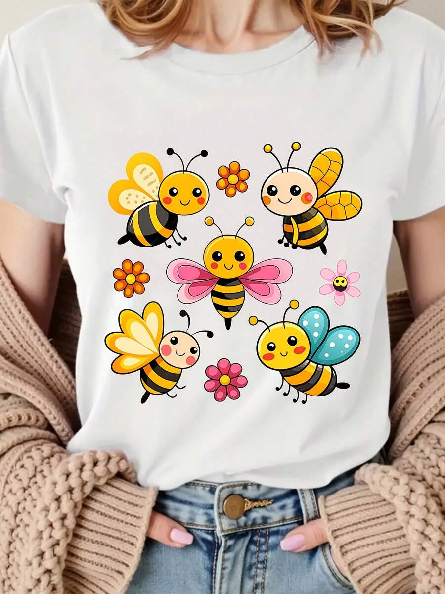 Women's Bee And Flower Print Crew Neck T-Shirt - Cute Bee Costume For Role-Playing, Beekeeping Outfits, Casual Bee Clothing - Machine Washable Bee T-Shirt For Theme Parties And Casual Wear - Women's Clothing - 黑色 - 查看 1