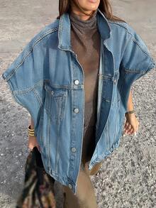 時尚百搭寬鬆翻領牛仔夾克，獨特設計短袖牛仔上衣，女款休閒夏季款 - 淺色水洗藍 - 查看 5