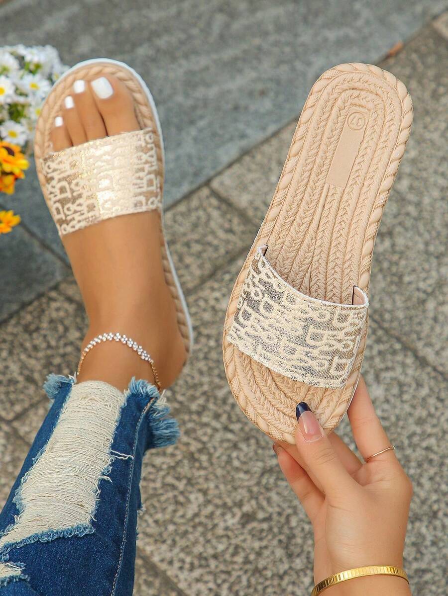 宽楦女士仿亚麻绳底舒适圆头低跟平底凉鞋，露趾套脚穆勒鞋，度假风夏季日常室内/室外休闲穿着，沙滩装，随机图案