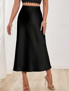 Falda en A de satén elegante y versátil para mujer - Negro - Ver 5