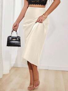 Falda en A de satén elegante y versátil para mujer - Beis - Ver 4