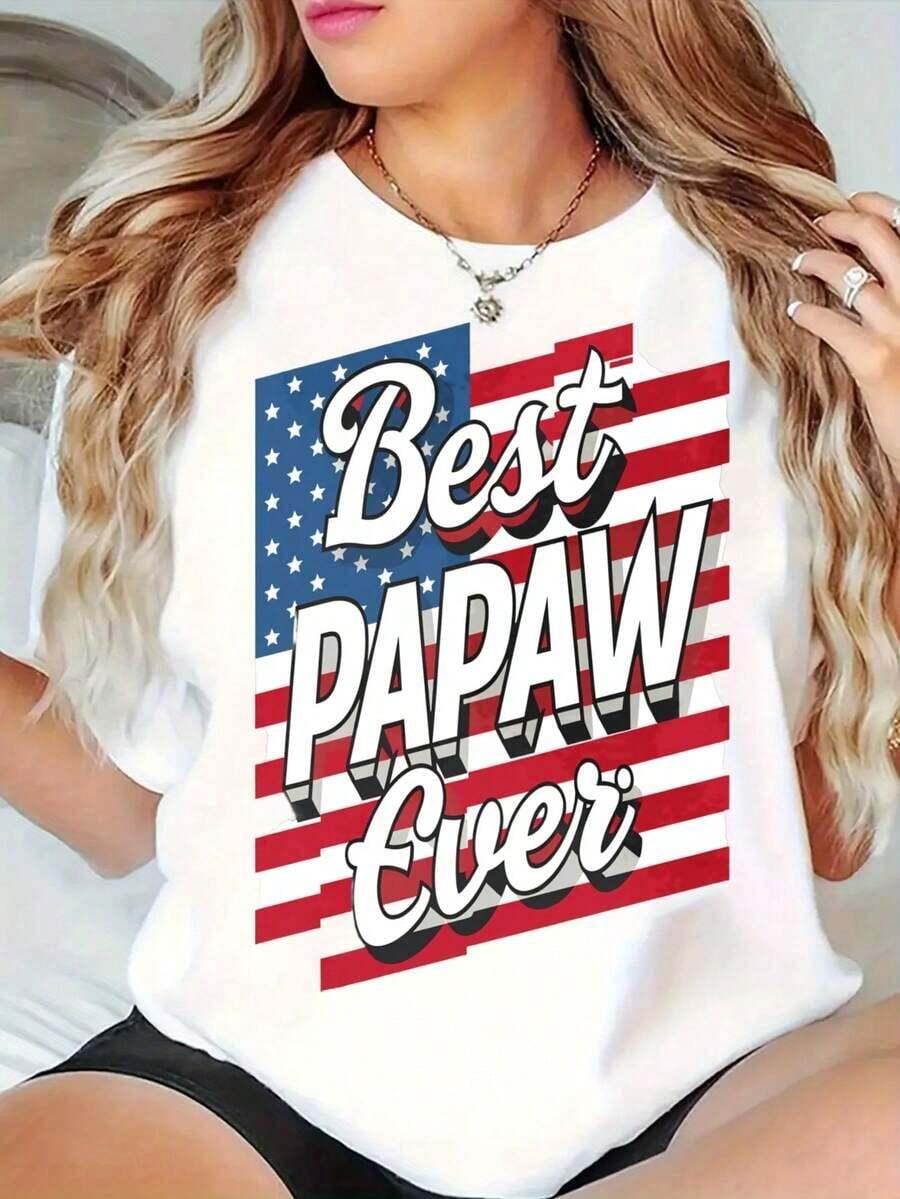 Women's Graphic Tees, Women's Oversized Crew Neck Graphic Tees, 100% Cotton T-Shirt, Casual Wear With American Flag "World's Best Dad", Loose Short Sleeve T-Shirts For Spring, Summer Basic T-Shirts, Gift Clothing For Women, Women's Summer Cotton T-Shirts. - 白色 - 查看 1