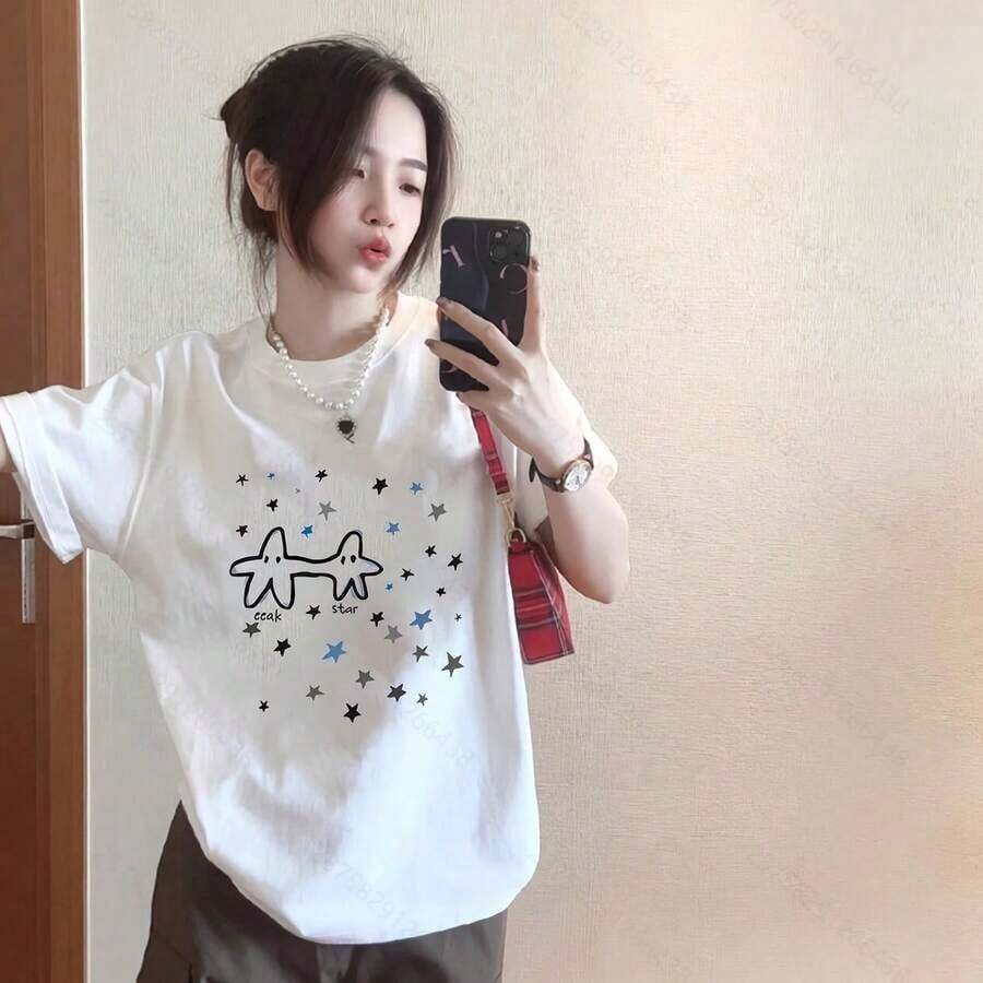 Camiseta Pure para Mujer de Manga Corta, Diseño de Nicho y Estampado, Novedad Verano 2026, Top Holgado de Manga Media Ajustado para Mujer, Amplio - Blanco - Ver 1