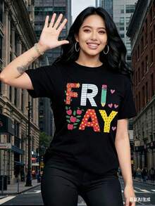 Women's Casual Short-Sleeve T-Shirt, T-Shirts With Interesting Prints, Beautiful Clothing.  Graphic T-Shirt With Colorful Lettering And Fruit Pattern For Casual Wear. 100% Cotton. Durable. - 黑色 - 查看 7