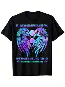 Regalo: 1 camiseta de mujer con estampado de alas de ángel y punto semicoma, cuello redondo, camiseta casual de algodón, tejido de punto de elasticidad media, corte regular para damas, para primavera/verano/otoño, suave. - Negro - Ver 6
