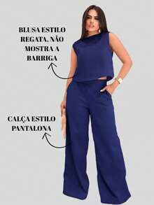 Elegant Women's Linen Set With Sleeveless Cropped Top And Wide-Leg Trousers. Modern And Comfortable Outfit. - 寶藍色 - 查看 2