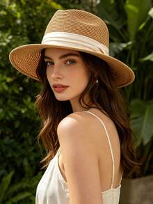 1 chiếc mũ phớt Panama vành rộng bằng rơm dành cho nữ, màu be, viền ruy băng, chống tia UV, mũ mùa hè có thể gấp gọn, thích hợp đi biển và du lịch. - nhiều màu - Xem 4