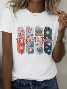 Camiseta Patriótica para Mujer del 4 de Julio - Texto "Feliz 4 de Julio" - Top de Manga Corta con Cuello Redondo, Suave y Elástico - Atuendo Rojo, Blanco y Azul para el Día de la Independencia - Ropa Casual para Fiestas de Verano - Camiseta Lavable a Máquina para Mujer, Camiseta para Celebración del Día de la Independencia, Camiseta con Estampado, Tela Transpirable, Top de Manga Cortablusas para mujer>ropa - Blanco - Ver 6