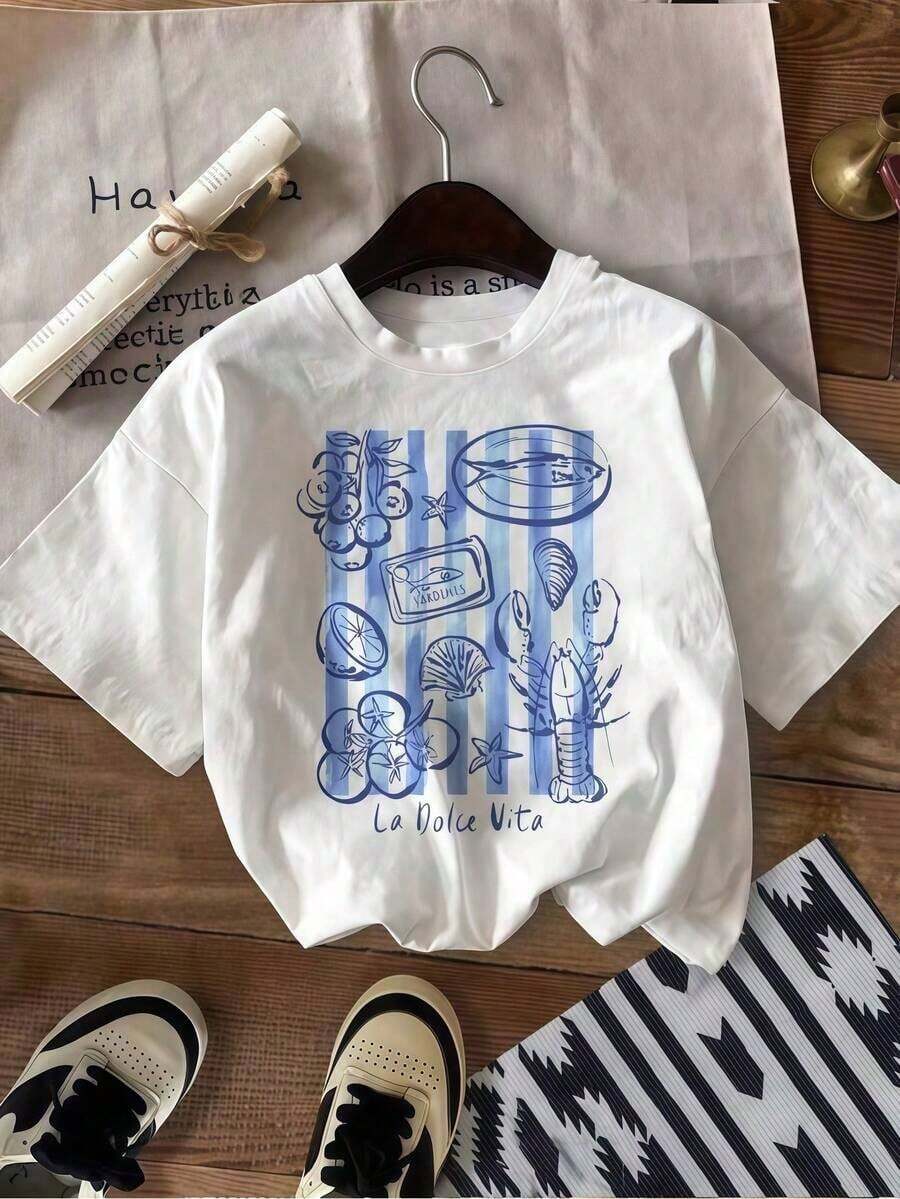 1 Piece Of Women's Clothing, White T-Shirt With Seafood Graphic Print, Unisex Casual Round Neck T-Shirt, Lightweight Knit Fabric, Machine Washable, For Spring/Summer/Autumn, Valentine's Day/Independence Day/Labor Day, 180g, 100% Cotton. - 白色 - 查看 1