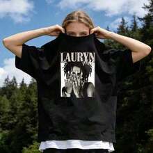 Ropa de Verano para Mujer, Camiseta Casual de Algodón Suave con Cuello Redondo, Cantante Legendaria Lauryn Hill, Estampado de Retrato en Blanco y Negro. - Negro - Ver 1