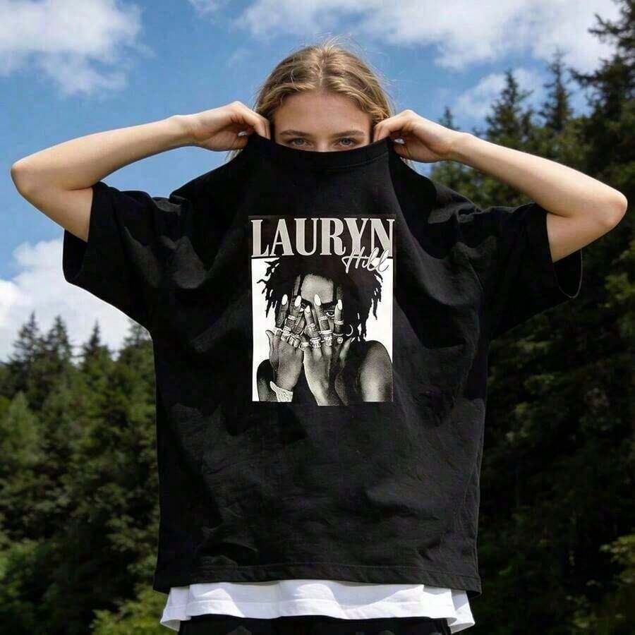 Ropa de Verano para Mujer, Camiseta Casual de Algodón Suave con Cuello Redondo, Cantante Legendaria Lauryn Hill, Estampado de Retrato en Blanco y Negro. - Negro - Ver 1