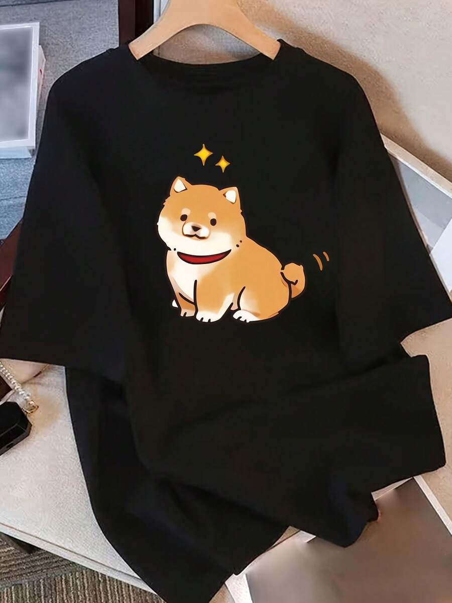 Camiseta de manga corta de algodón puro para mujer con estampado de diseño único, nuevo estilo de verano 2025, corte holgado, top adelgazante para estudiantes. - Negro - Ver 1