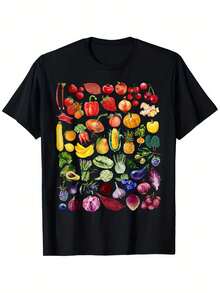 Camiseta de manga corta para mujer, de algodón negro, con cuello redondo, con estampado de frutas y verduras del arcoíris, para el Día del Jardinero Vegano y Vegetariano. - Negro - Ver 7