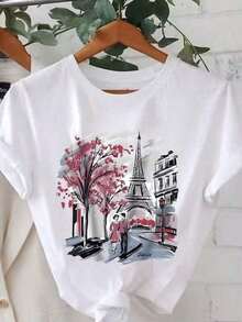 Women's Casual Short Sleeve T-Shirt With Paris Print, Summer And Spring Top, Paris Graphic Tees For Women, VTV0. Suitable As A Gift. Women's T-Shirt. Blouses > Elegant. Boho Chic. Soft, Breathable, And Comfortable Women's Top, Ideal For Spring, Summer, And Autumn, Perfect For Vacations, Travel, And Everyday Wear. - 白色 - 查看 7