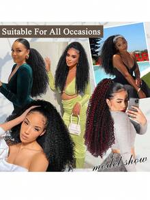 24 Inch Deep Brown Deep Wave Clip-In Ponytail Hair Extension - Heat Resistant Synthetic Fiber, Natural Curly Hair Styling Accessory, Suitable For Women's Daily Use, Daily Hairstyle Styling Accessory, Voluminous Curly Heat Resistant Fiber Wig - Red Highlight - View 9