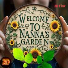 1 pièce Décoration murale plate vintage de tournesol - Design plat 2D, panneau rond avec le texte "Bienvenue dans le jardin de Nanna", taille : 20 cm x 20 cm, en fer, convient pour la décoration de la maison et du jardin ou en cadeau | Décoration murale de jardin rustique | Style vintage. Trous pré-percés comme indiqué dans le tableau des tailles - Multicolore - Voir 3