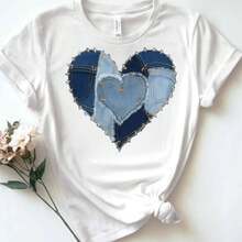 Seasonless Women's T-Shirt – Adorable Heart Denim Design, Short Sleeve Comfort - White - View 1