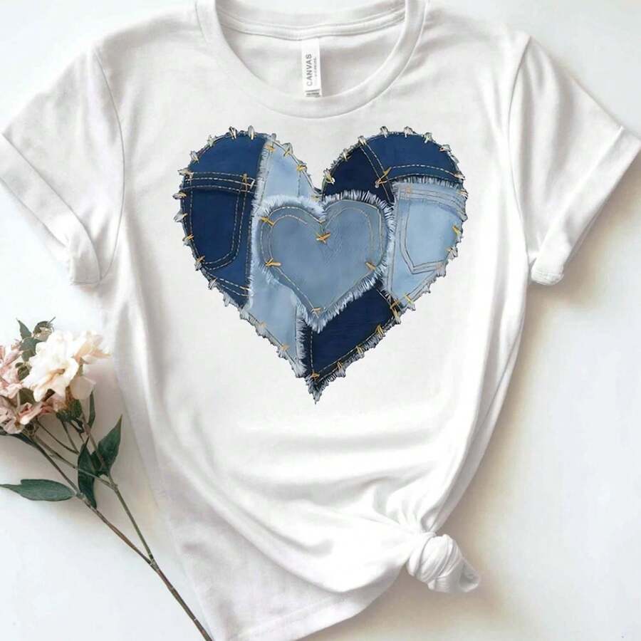 Seasonless Women's T-Shirt – Adorable Heart Denim Design, Short Sleeve Comfort - White - View 1