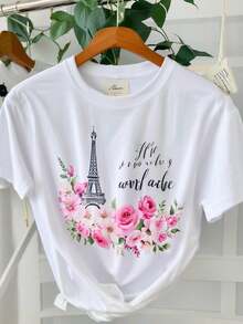 1 Women's T-Shirt With Floral Print And French Text Of The Eiffel Tower Of Paris - Casual Short-Sleeved Round Neck Top, Soft And Breathable, With Pink Rose Print And The Eiffel Tower, Suitable For All Seasons, Parisian Youth Style Women's T-Shirt, Hand Wash Only, Loose Fit, 180g 100% Cotton. - 白色 - 查看 1