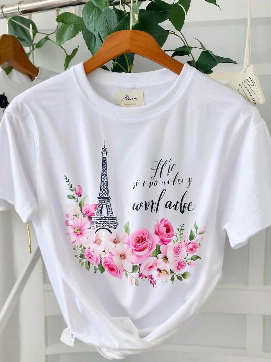 1 Women's T-Shirt With Floral Print And French Text Of The Eiffel Tower Of Paris - Casual Short-Sleeved Round Neck Top, Soft And Breathable, With Pink Rose Print And The Eiffel Tower, Suitable For All Seasons, Parisian Youth Style Women's T-Shirt, Hand Wash Only, Loose Fit, 180g 100% Cotton. - 白色 - 查看 1