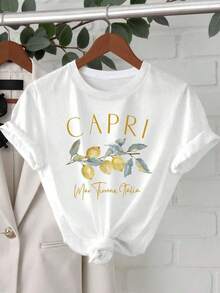 Camiseta de mujer de cuello redondo con estampado gráfico de limón - Blanco - Ver 1