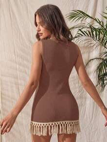 1 pieza Body sin mangas de mujer con textura de malla y flecos largos, estilo elegante - Marrón - Ver 2