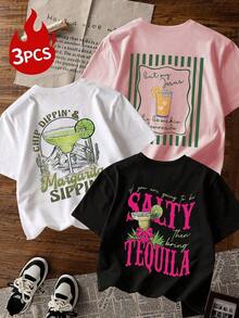 Margarita And Tequila Print Crew Neck T-Shirt, Not A 3-Piece Set, White, Black | Beach Party Essentials And Everyday Casual Wear. - 黑色 - 查看 1