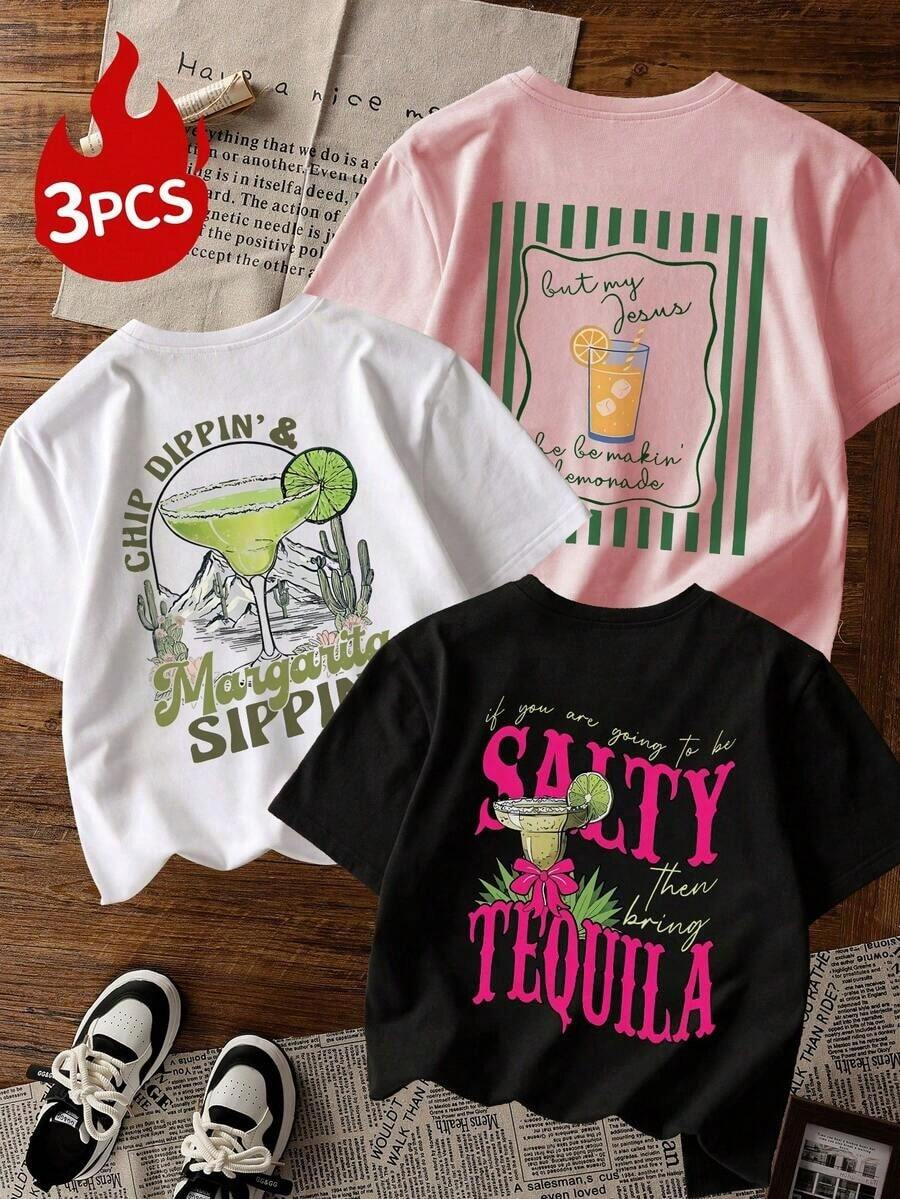 Margarita And Tequila Print Crew Neck T-Shirt, Not A 3-Piece Set, White, Black | Beach Party Essentials And Everyday Casual Wear. - 黑色 - 查看 1