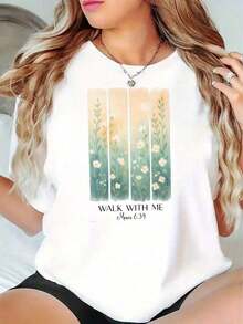 Camiseta Casual Estilo Boho para Mujer con Estampado Floral "Garden Walk With Me" y Versículo Bíblico, Atuendo de Verano para Ella, Regalo de Algodón Puro - Blanco - Ver 1