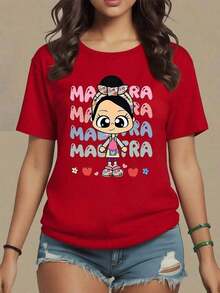 Women's Blouses. Illustration Of A Cartoon Teacher With A Floral Bow And Apples, A Symbol Of Knowledge And Tenderness. Women's T-Shirt, 100% Soft And Comfortable Cotton. New Stylish T-Shirt - Ideal For Summer. - 紅色的 - 查看 7
