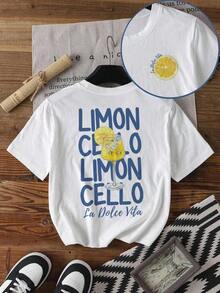 1pcsCamiseta de manga corta con estampado de letras de limón casual de verano , suelta y cómodacool - Blanco - Ver 1