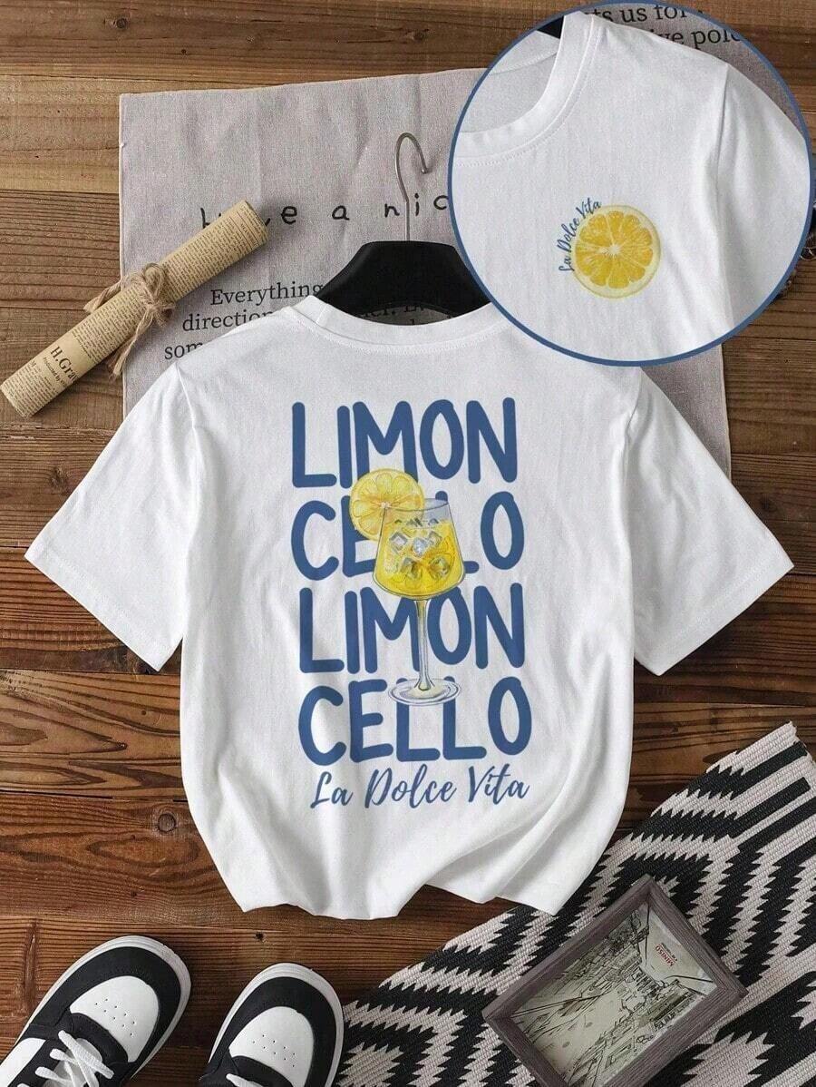 1pcsCamiseta de manga corta con estampado de letras de limón casual de verano , suelta y cómodacool - Blanco - Ver 1
