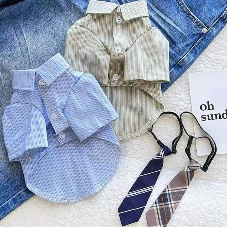 1 pièce Chemise rayée pour animal de compagnie avec cravate, style de couple mignon pour chiens/chats, convient aux chiens et chats de taille moyenne/petite, look d'uniforme scolaire, parfait pour la séance photo - Bleu azur - Voir 7