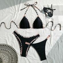 黑色格紋撞色三角杯掛脖比基尼三件套，性感優雅女款夏季休閒海灘度假派對時尚泳裝 - 黑色 - 查看 3
