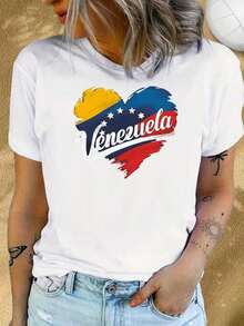 Camiseta TrendyFlag con diseño de corazón en amarillo, azul y rojo con estrellas y texto para uso casual y eventos de orgullo nacional. Estilo urbano en . Camiseta casual para mujer, cómoda, con cuello redondo y mangas cortas para uso diario. - Blanco - Ver 7