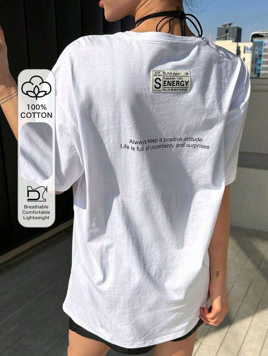 Oversized T-Shirt With Graphic Slogan Patch, Dropped Shoulders That Reads: "CAPTURE THE SIGN OF THE DAY, 100% Happiness ENERGY, FULL OF ENERGY EVERY DAY, Always Maintain A Positive Attitude, Life Is Full Of Uncertainty And Surprises" - 彩色 - 查看 1