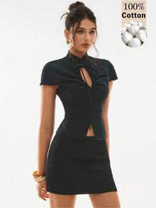 Women's Minimalist And Casual Short-Sleeved Plaid Shirt - Black - View 1