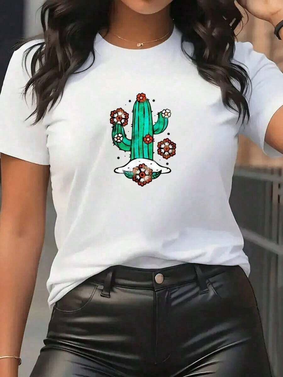 Under The Radar 1pc Soft Fabric Women's Short Sleeve T-Shirt With Cactus And Flower Print Bohemian Style For Summer Casual Fashion Feminine T-Shirt Blouse Top 100% Cotton - Vintage Street Style Unisex Loose Cotton Short Sleeve Crew Neck T-Shirt - 白色 - 查看 1