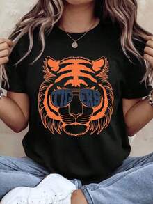Women's Cotton T-Shirts With Tiger Face Print With Sunglasses, T-Shirt For Women And Men, College Team Spirit Clothing, Perfect For Game Day And Fan Events, Basic Women's Blouses. - 黑色 - 查看 1