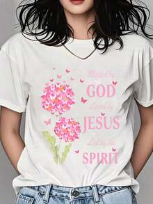 Women's Cotton T-Shirts With "By God Loved By Jesus Led By The Spirit" Butterfly Floral Print, Christian Faith T-Shirt For Women, Inspirational Religious Graphic T-Shirt For Everyday Wear And Special Occasions, Women's Basic Blouses. - 白色 - 查看 1