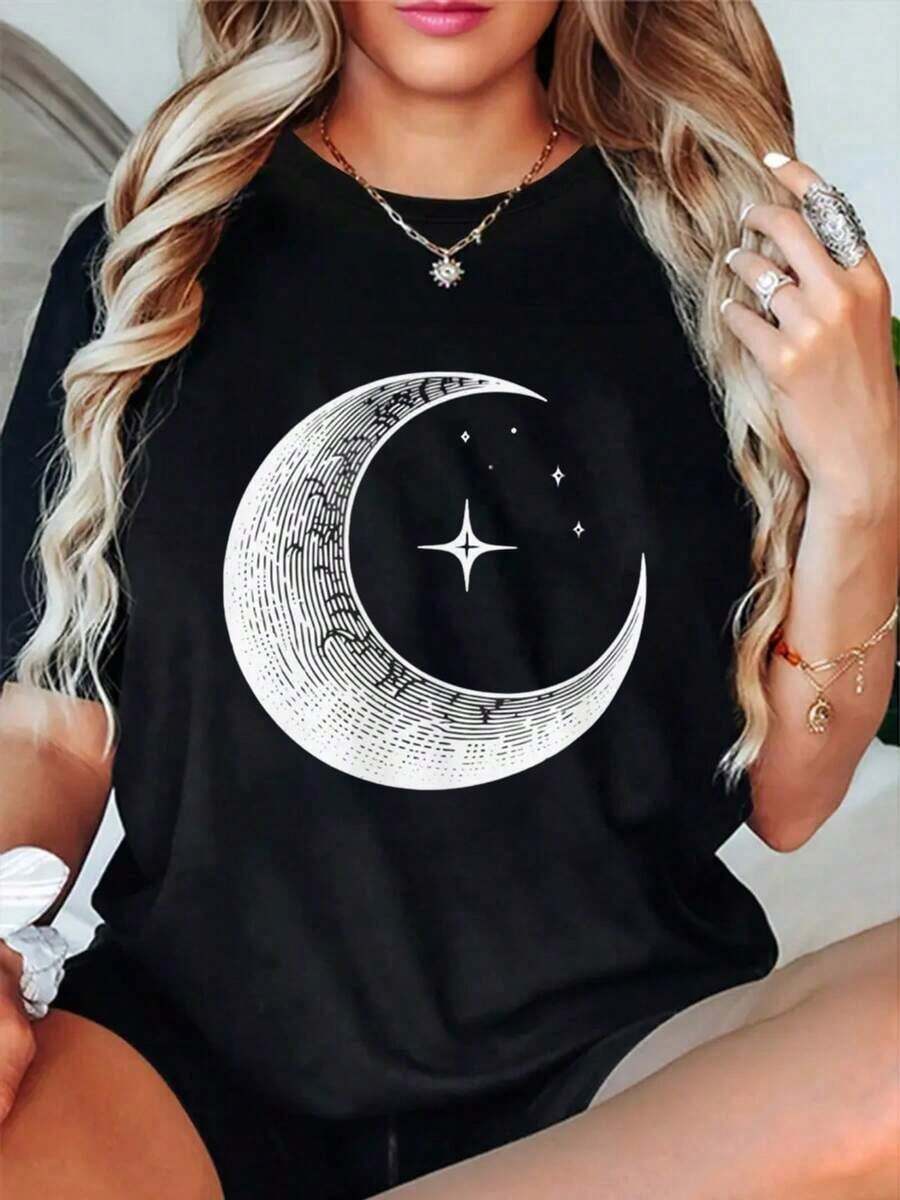 Women's Cotton T-Shirts - Women's Graphic T-Shirt In Black And White With Light Blue Moon And Stars Design - Casual Short Sleeve Top With Round Neck And Crescent Moon And Stars Print, Comfortable For All Seasons, Machine Washable, Ideal For Everyday Summer And Spring Outfits, Relaxed Fit, Minimalist Design, Comfortable Fit, Soft Fabric, Printed T-Shirt, Basic Blouses For Adults. - 黑色 - 查看 1